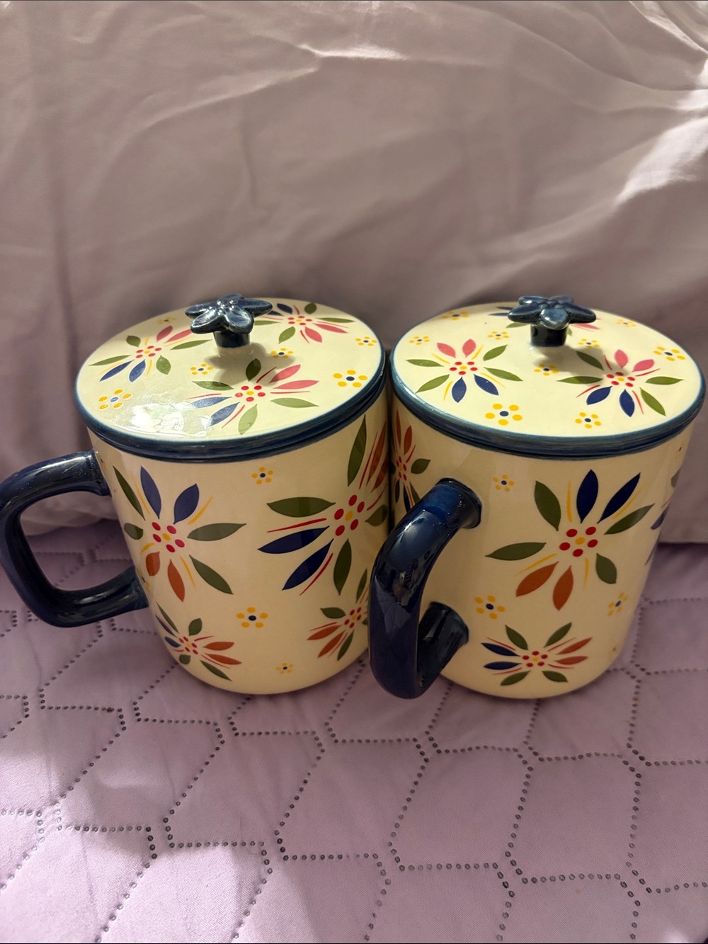 Temptations Cream Floral Lidded Mugs with Blue Handles (Set of 2)